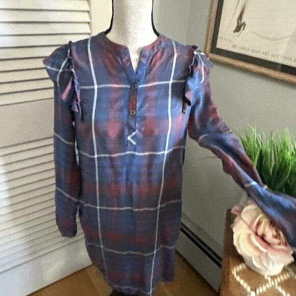 CLOTH STONE ANTHROPOLOGIE Dress Womens XS Blue Plaid Shift Ruffle Shoulder Fall - Picture 2 of 10